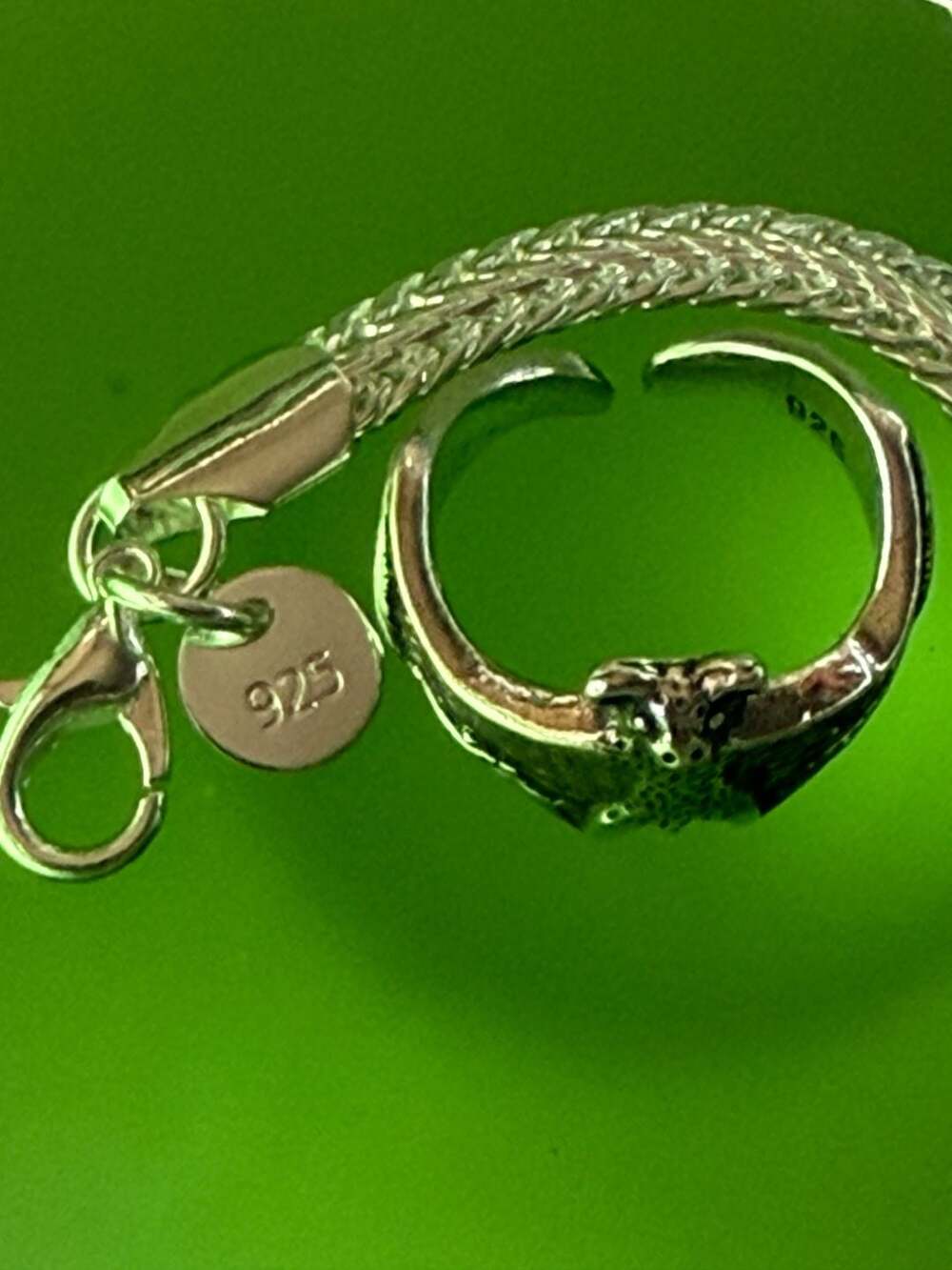 Sterling Silver 925 Bat Ring and Wheat Chain Bracelet Set